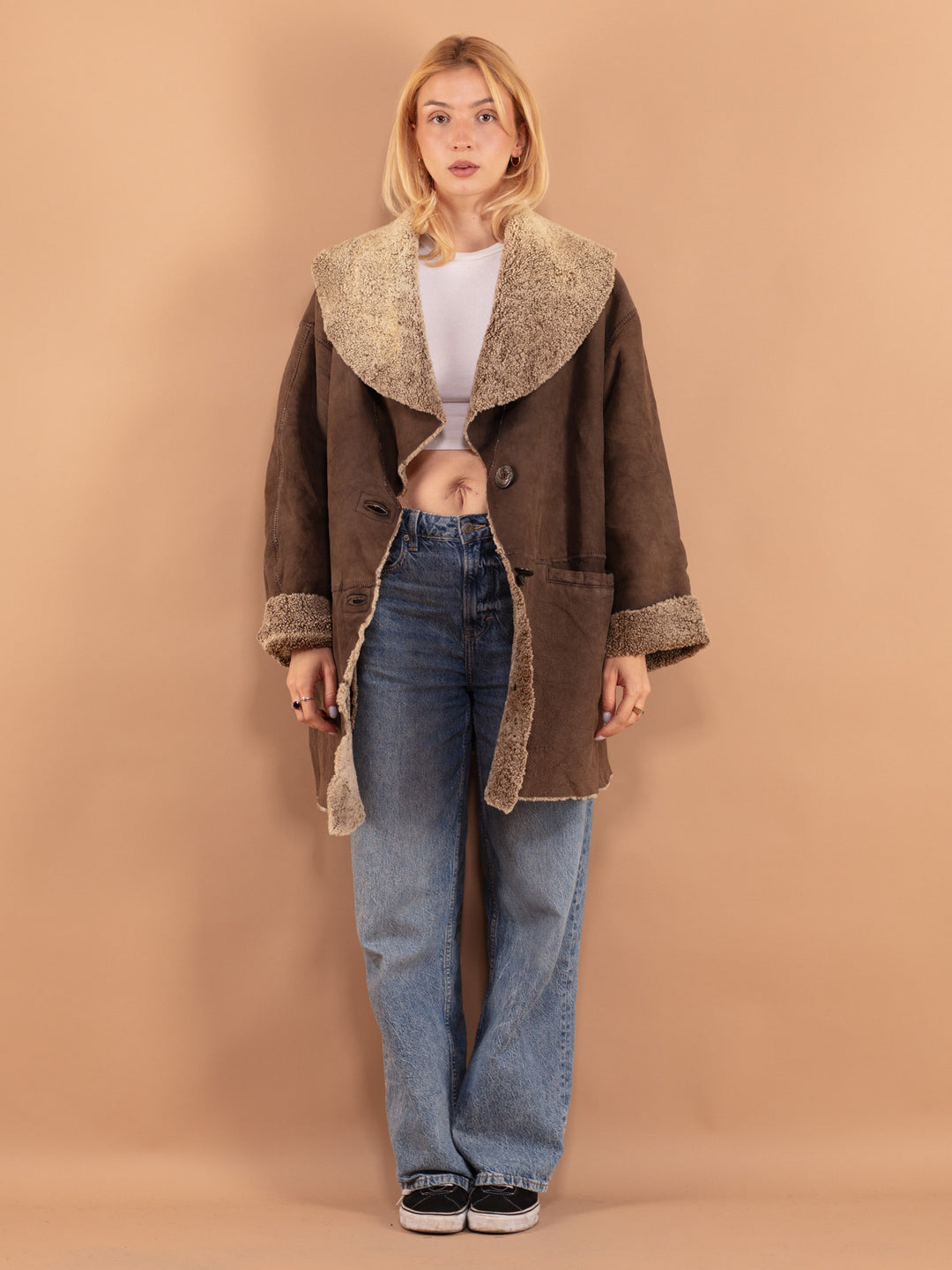 Vintage 80's Women Oversized Sheepskin Coat in Brown
