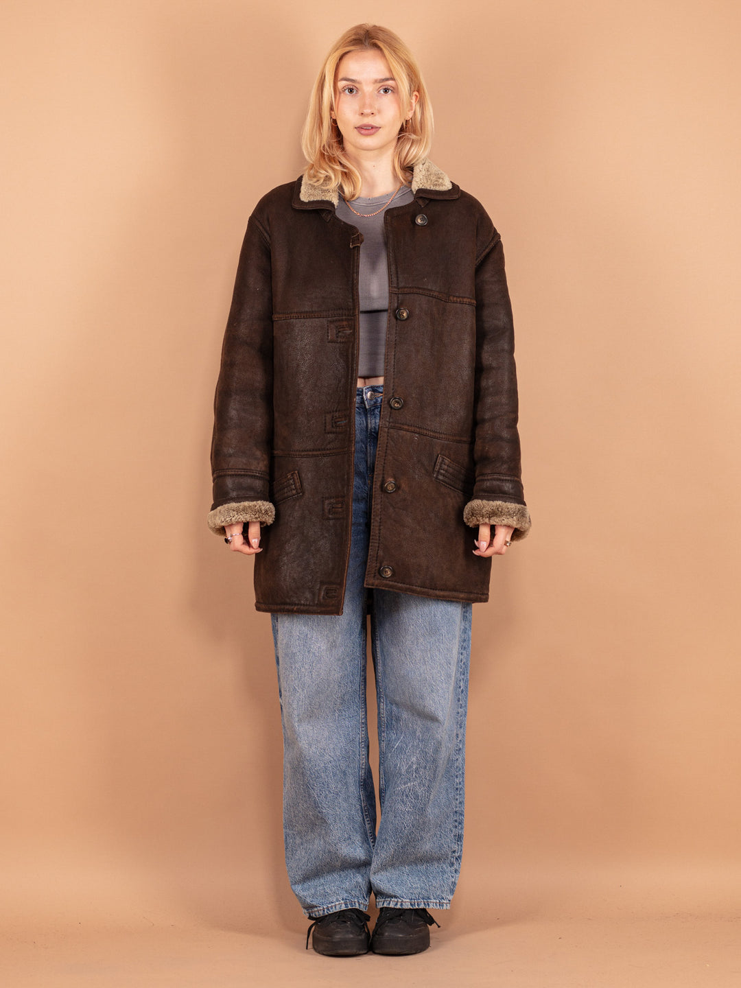 Vintage 80's Women Oversized Sheepskin Coat in Brown