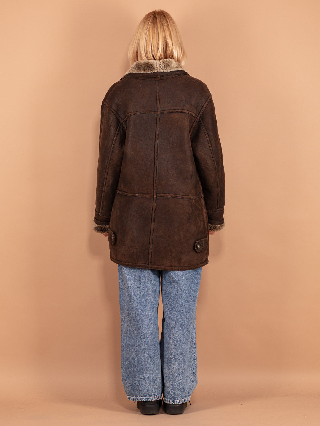 Vintage 80's Women Oversized Sheepskin Coat in Brown