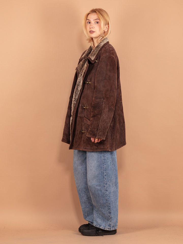 Vintage 80's Women Oversized Sheepskin Coat in Brown