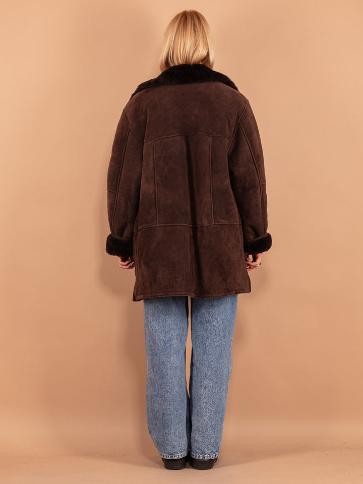 Vintage 80's Women Oversized Sheepskin Coat in Brown