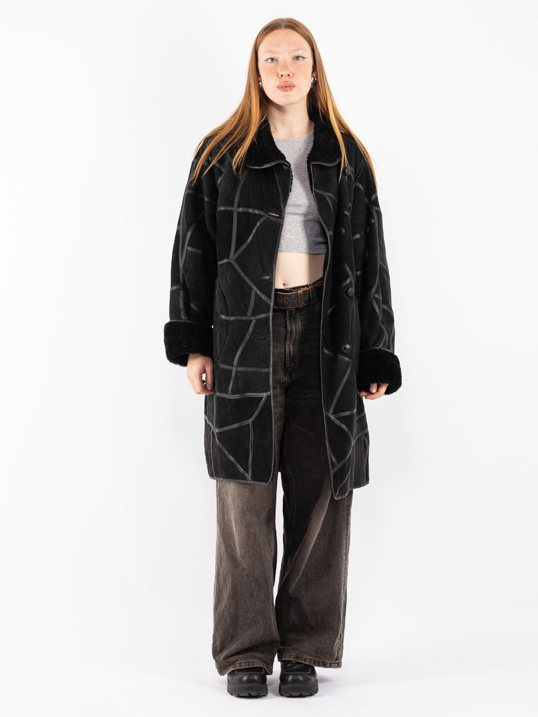 Vintage 80's Women Sheepskin Coat in Black