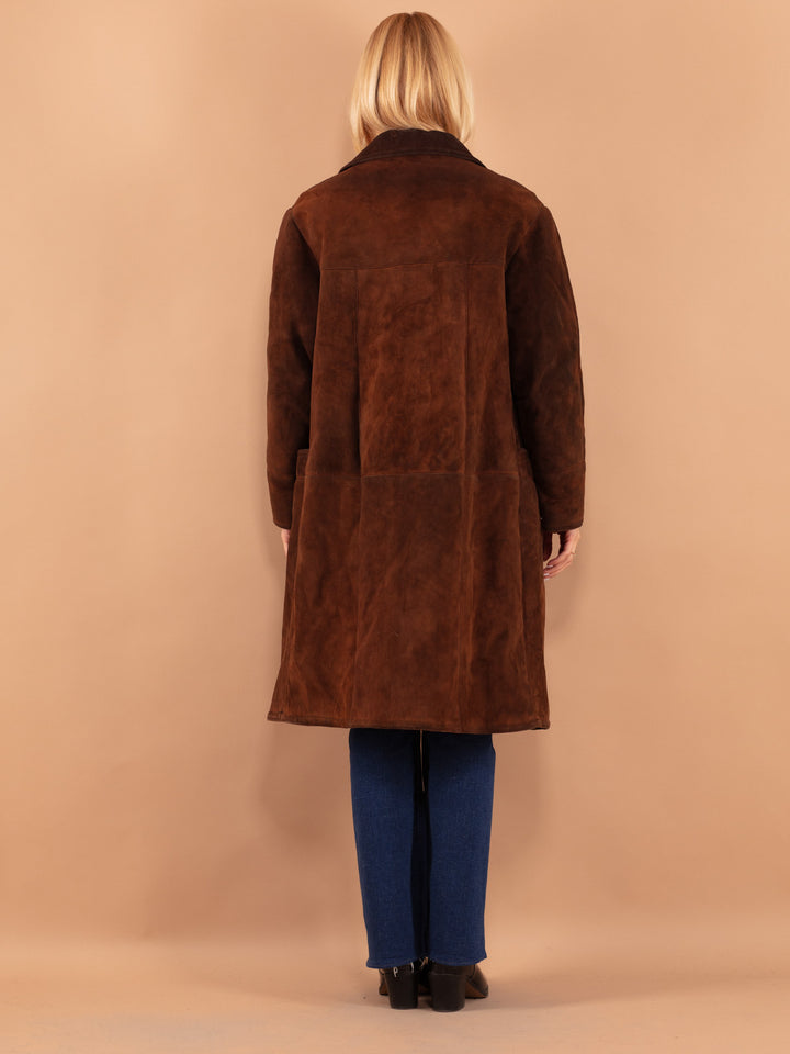 Vintage 80's Women Oversized Sheepskin Coat in Brown