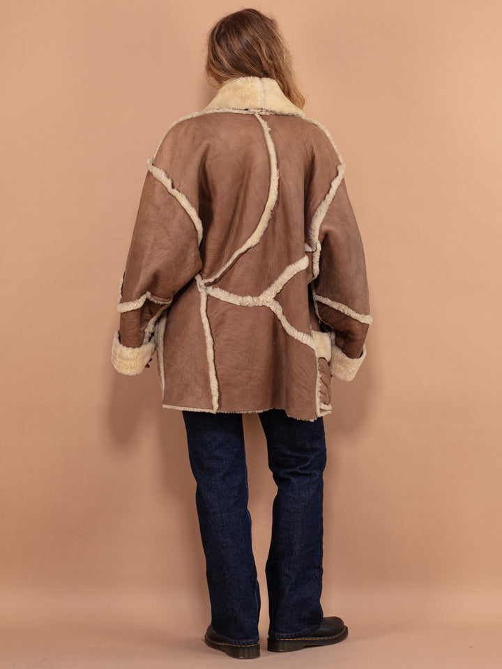 Vintage 80's Women Oversized Sheepskin Coat in Brown