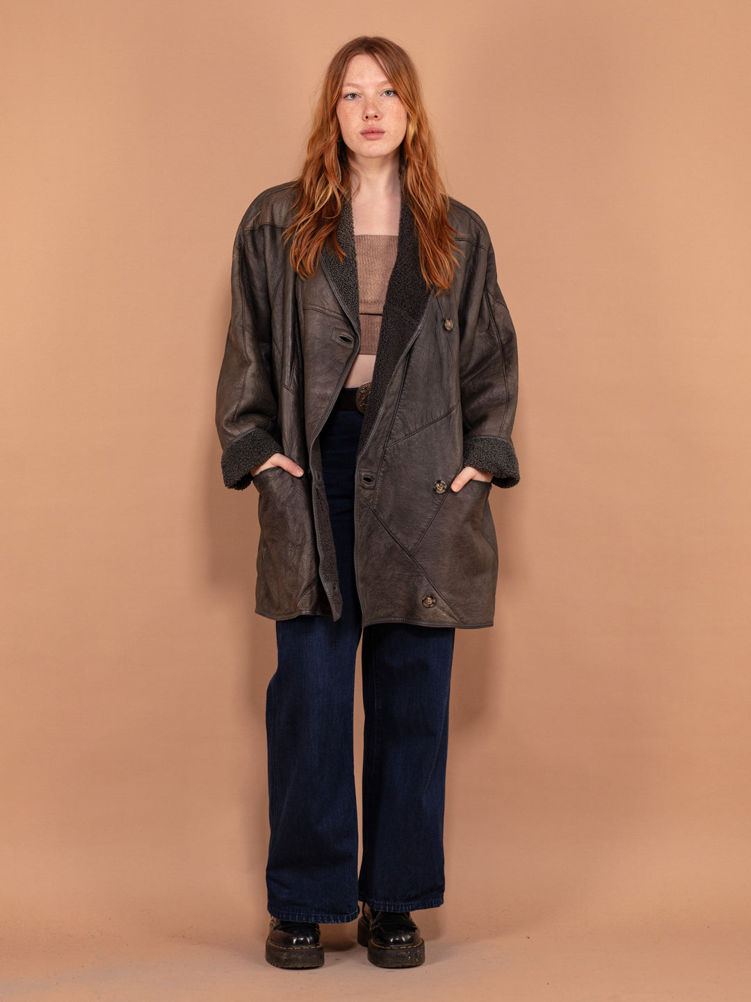 Vintage 80's Women Oversized Sheepskin Coat in Gray - NorthernGrip
