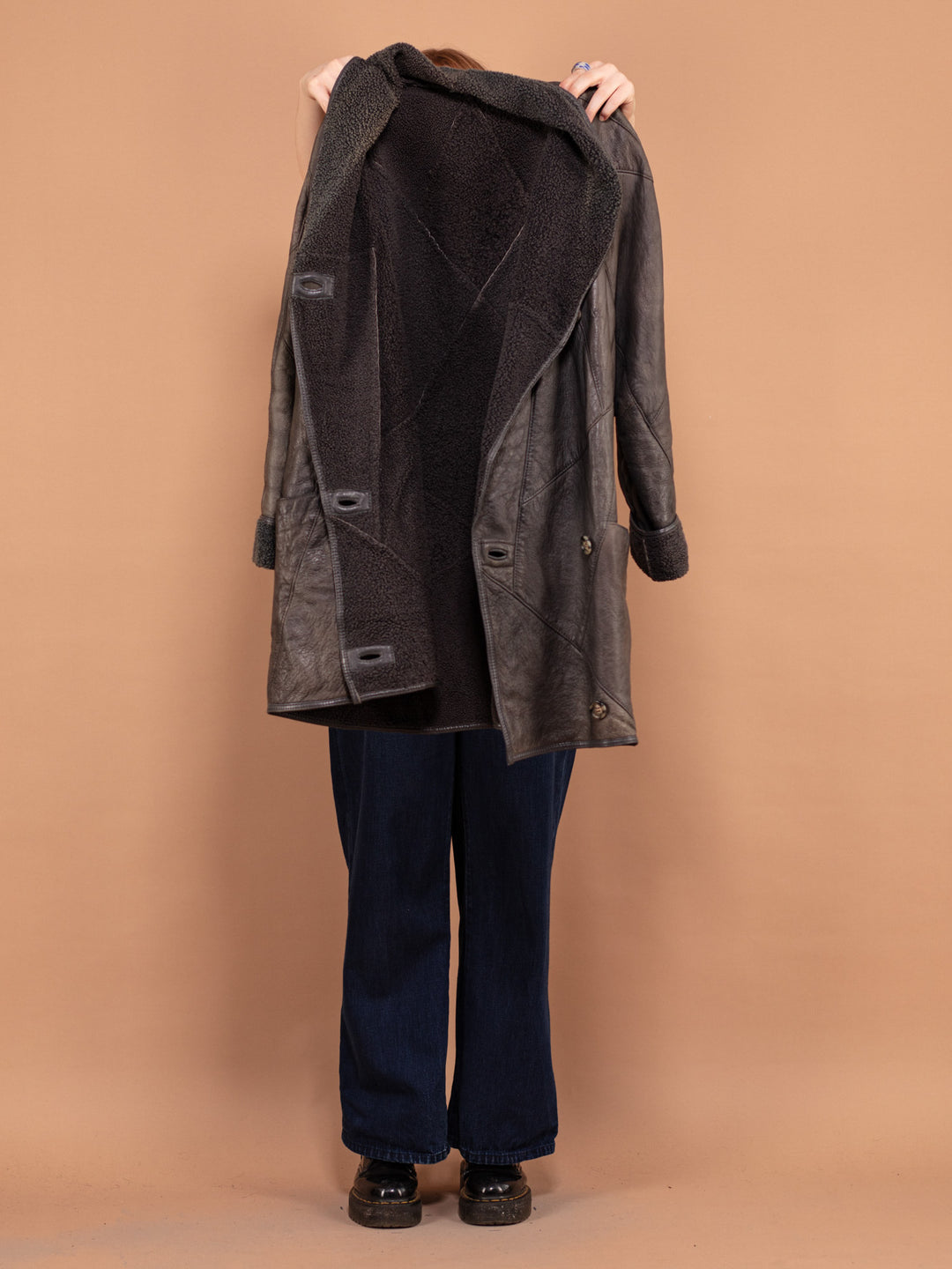 Vintage 80's Women Oversized Sheepskin Coat in Gray - NorthernGrip