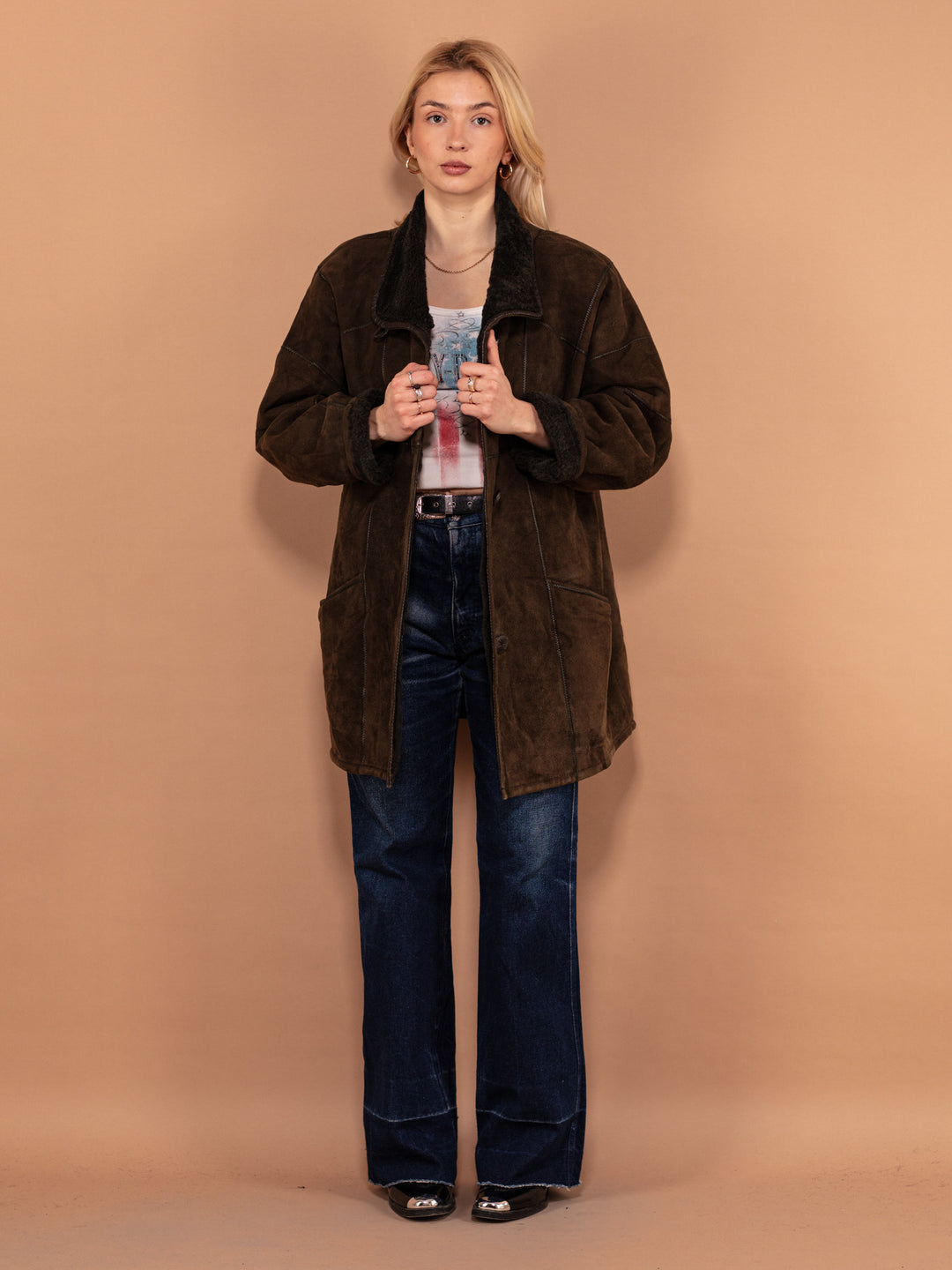 Vintage 80's Women Sheepskin Coat in Moss Green - NorthernGrip
