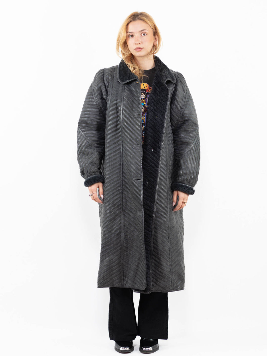 Vintage 80's Women Sheepskin Shearling Coat in GrayA0153