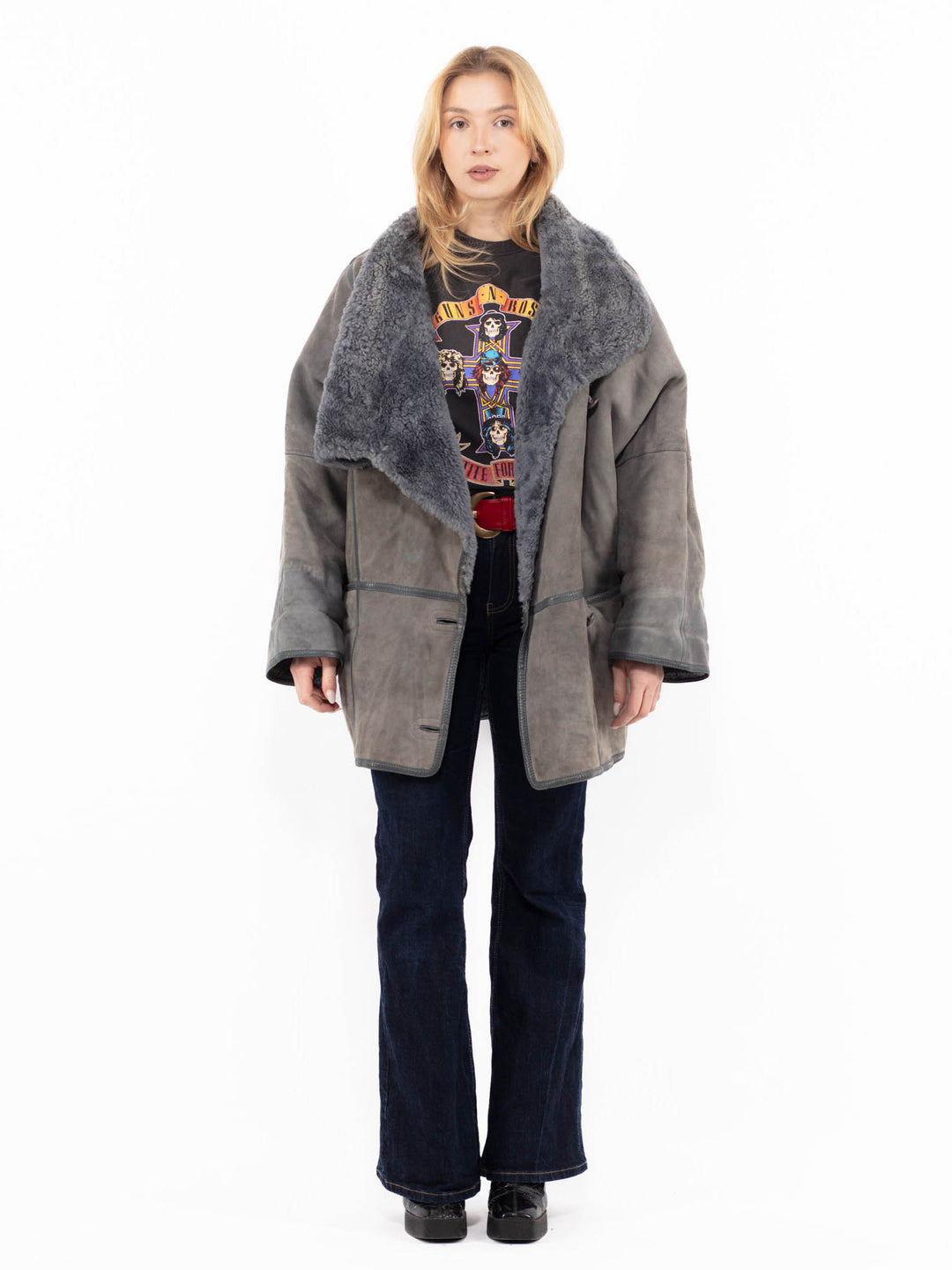 Vintage 80's Women Sheepskin Coat in GrayA1101