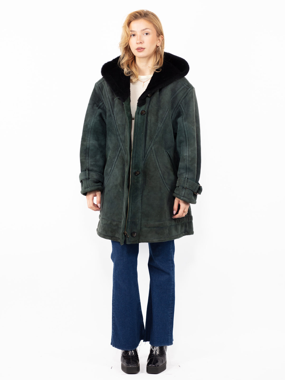 Vintage 80's Women Oversized Sheepskin Coat in Faded Green