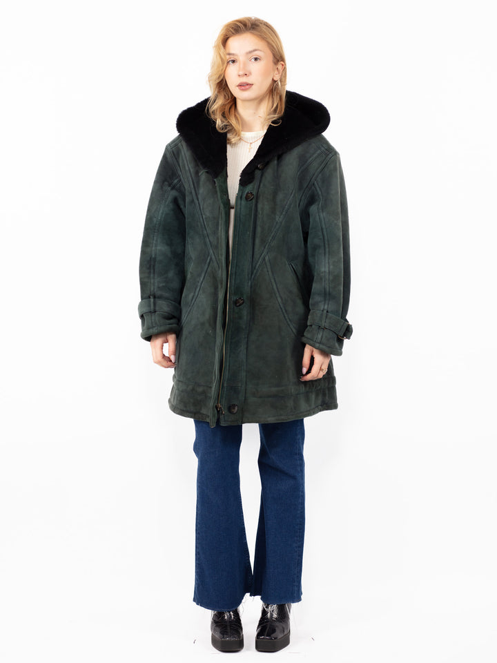 Vintage 80's Women Oversized Sheepskin Coat in Faded Green