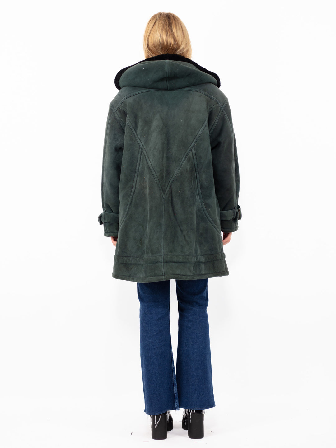 Vintage 80's Women Oversized Sheepskin Coat in Faded Green