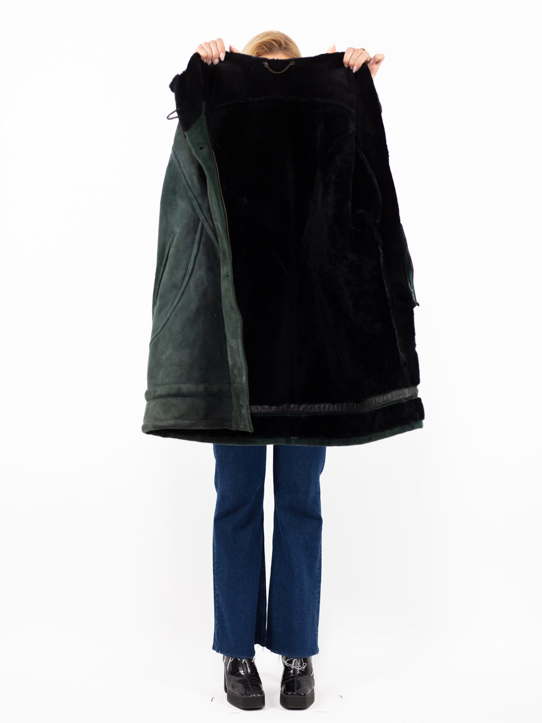 Vintage 80's Women Oversized Sheepskin Coat in Faded Green