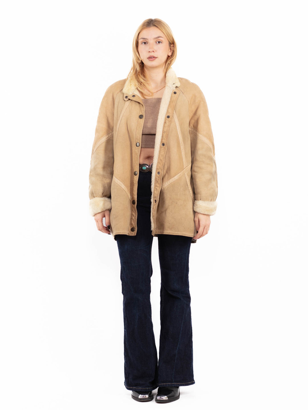 Vintage 80's Women Sheepskin Coat in Beige
