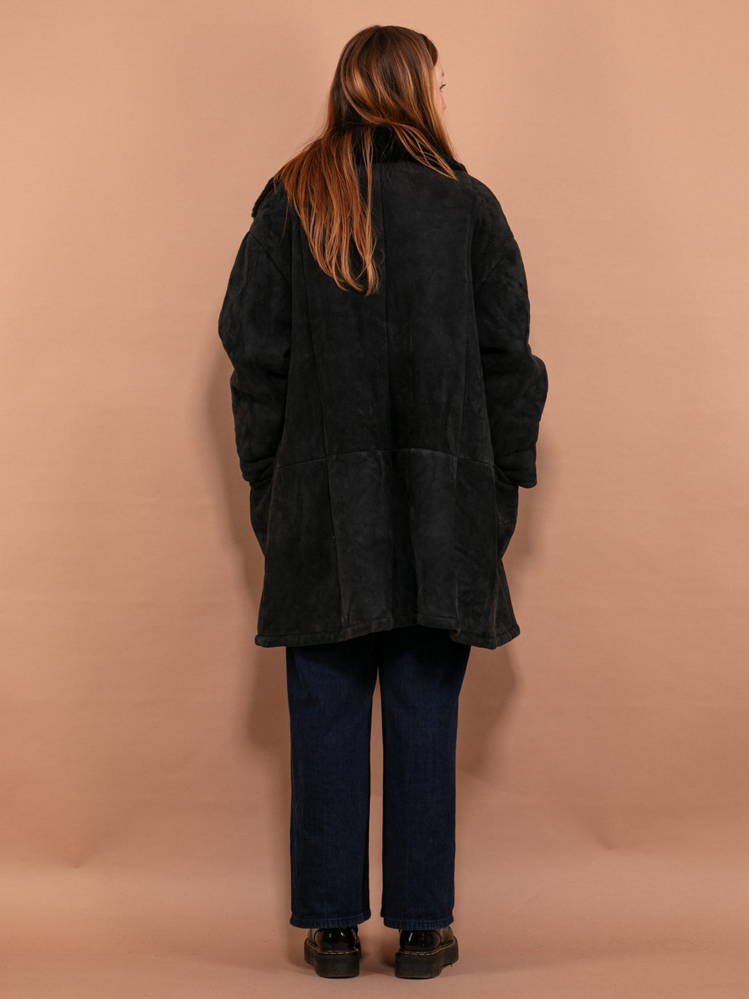 Vintage 80's Women Oversized Sheepskin Coat in Gray
