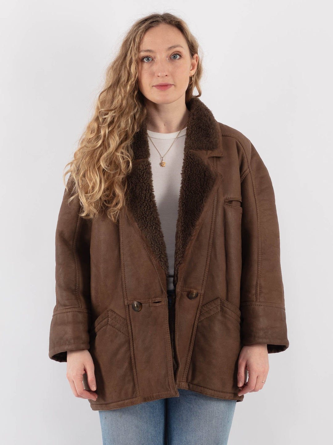 Vintage 80's Women Sheepskin Shearling Coat in BrownV9265