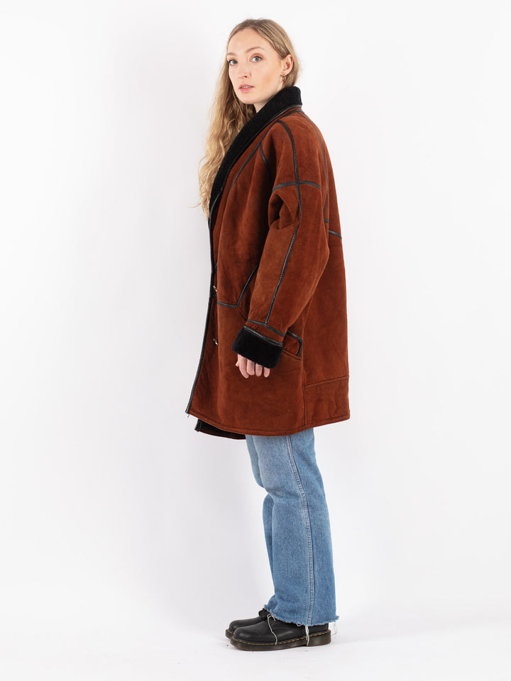 Vintage 80's Women Sheepskin Shearling Coat in Brown