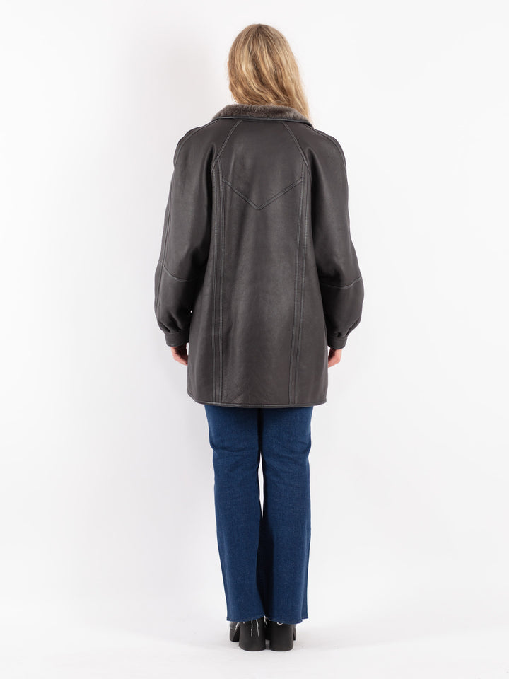 Vintage 80's Women Sheepskin Shearling Coat in Gray