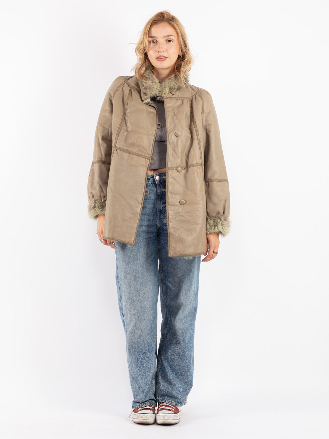 Vintage 80's Women Sheepskin Coat in Beige