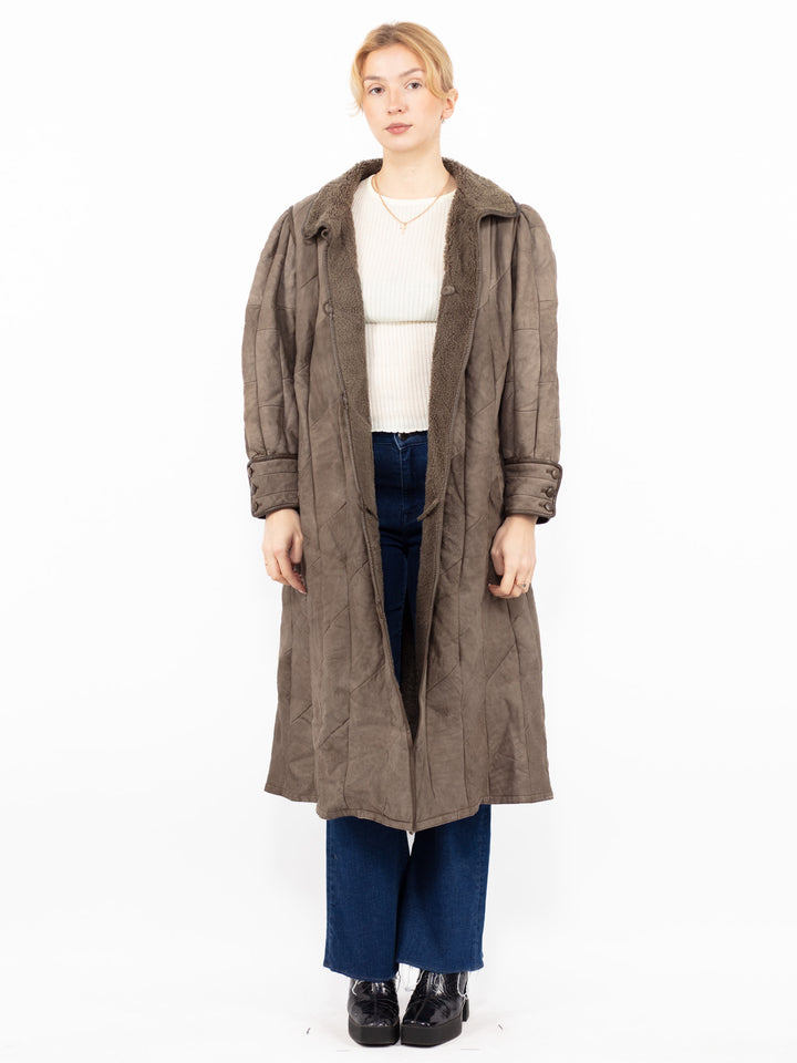 Vintage 80's Women Sheepskin Long Coat in Gray Beige