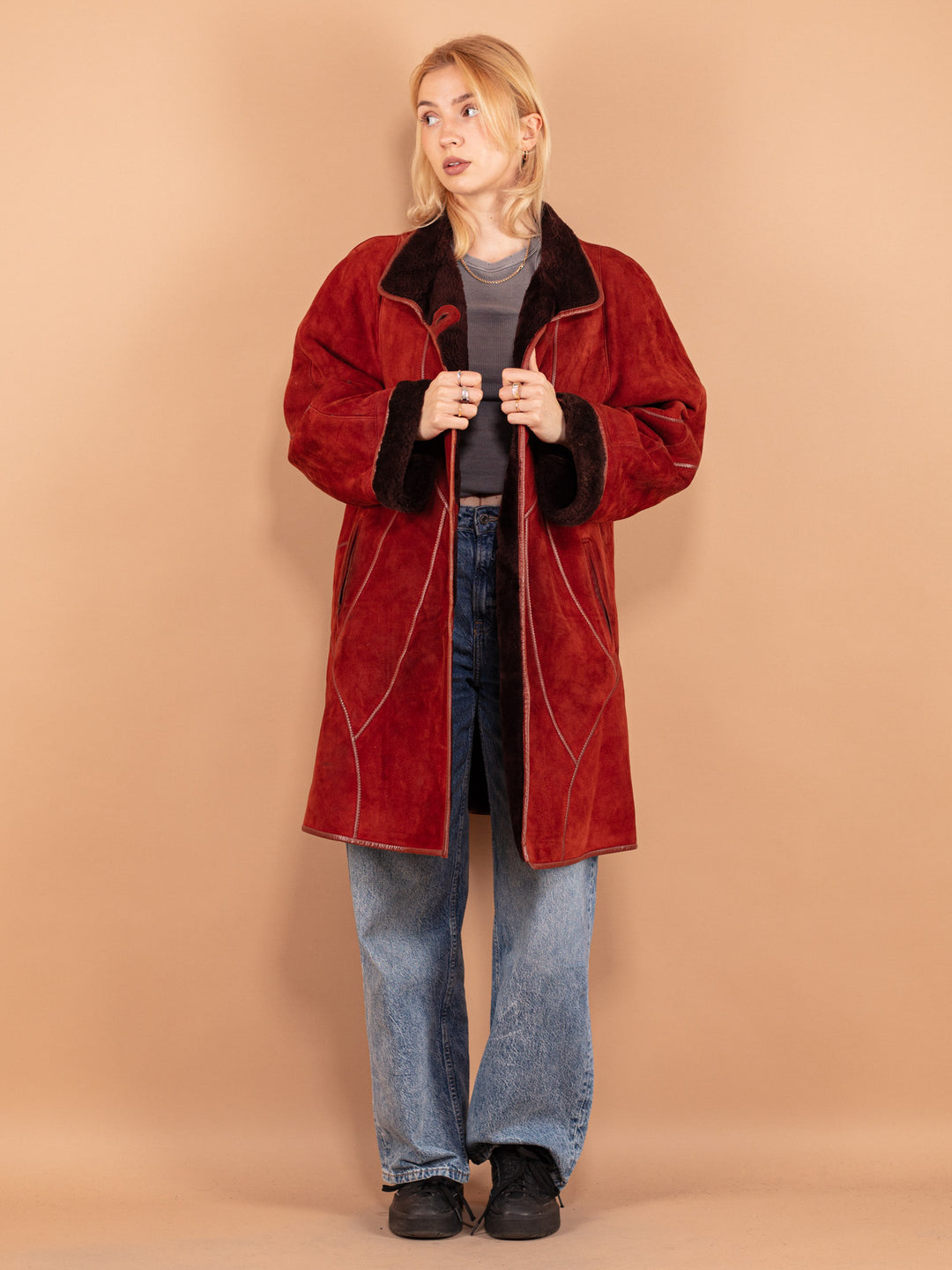 Vintage 80's Women Sheepskin Coat in Red - NorthernGrip