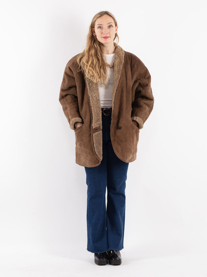 Vintage 80's Women Sheepskin Shearling Coat in Brown