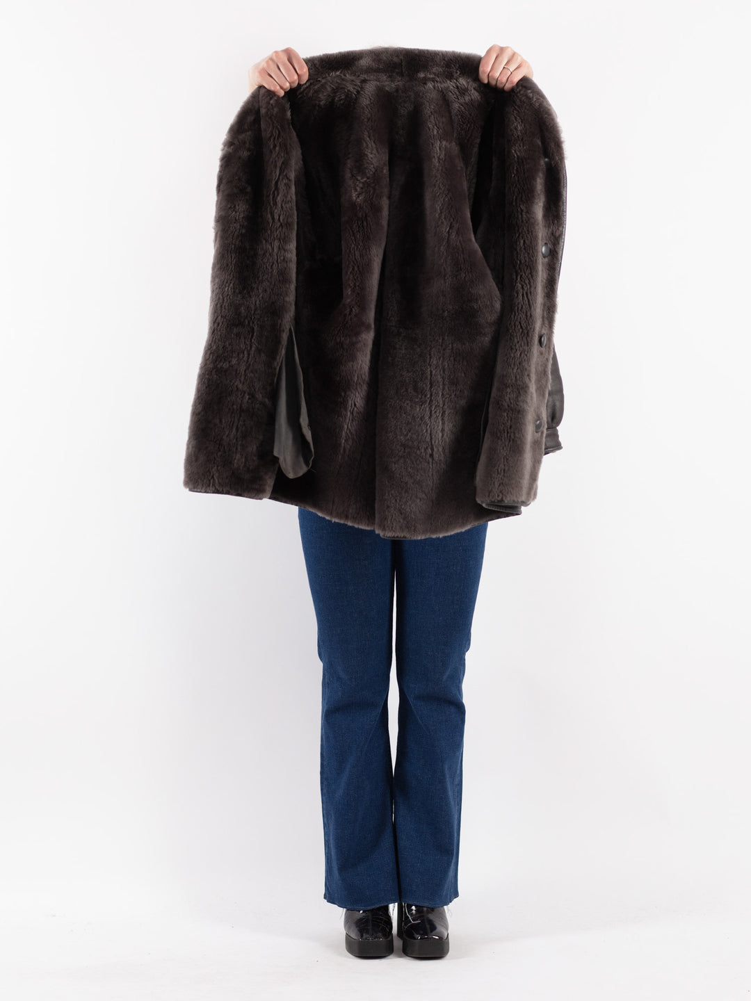 Vintage 80's Women Sheepskin Shearling Coat in Gray