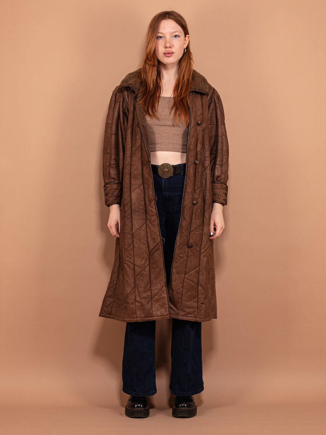 Vintage 80's Women Sheepskin Leather Coat in Brown - NorthernGrip