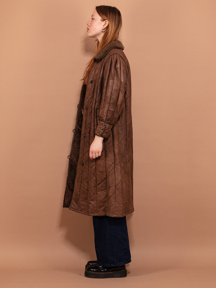 Vintage 80's Women Sheepskin Leather Coat in Brown - NorthernGrip