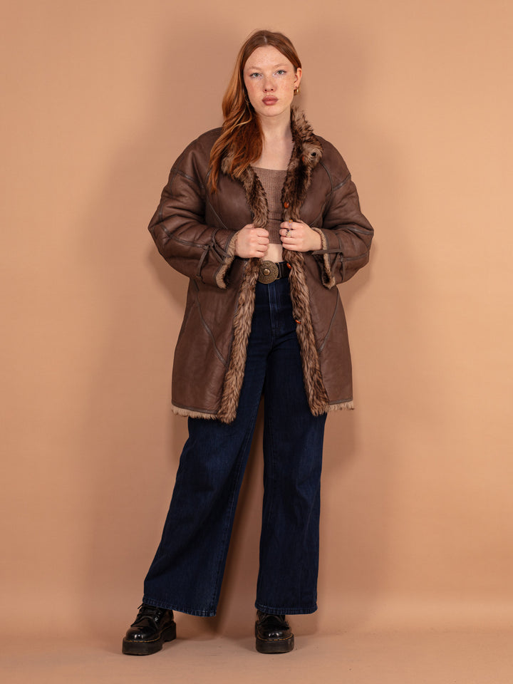 Vintage 80's Women Sheepskin Leather Coat in Brown - NorthernGrip