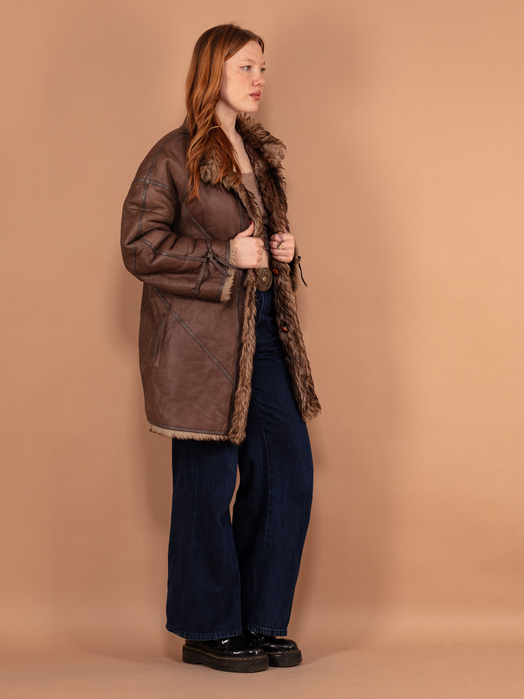 Vintage 80's Women Sheepskin Leather Coat in Brown - NorthernGrip