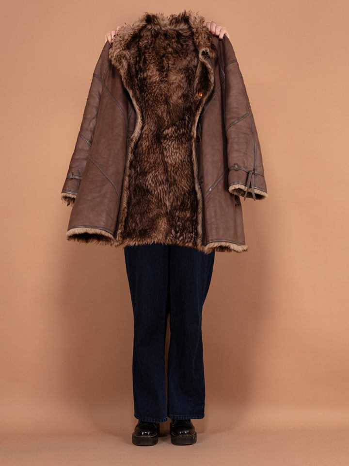 Vintage 80's Women Sheepskin Leather Coat in Brown - NorthernGrip