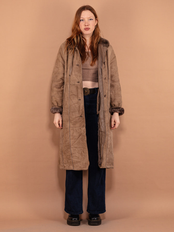 Vintage 80's Women Sheepskin Long Coat in Beige - NorthernGrip