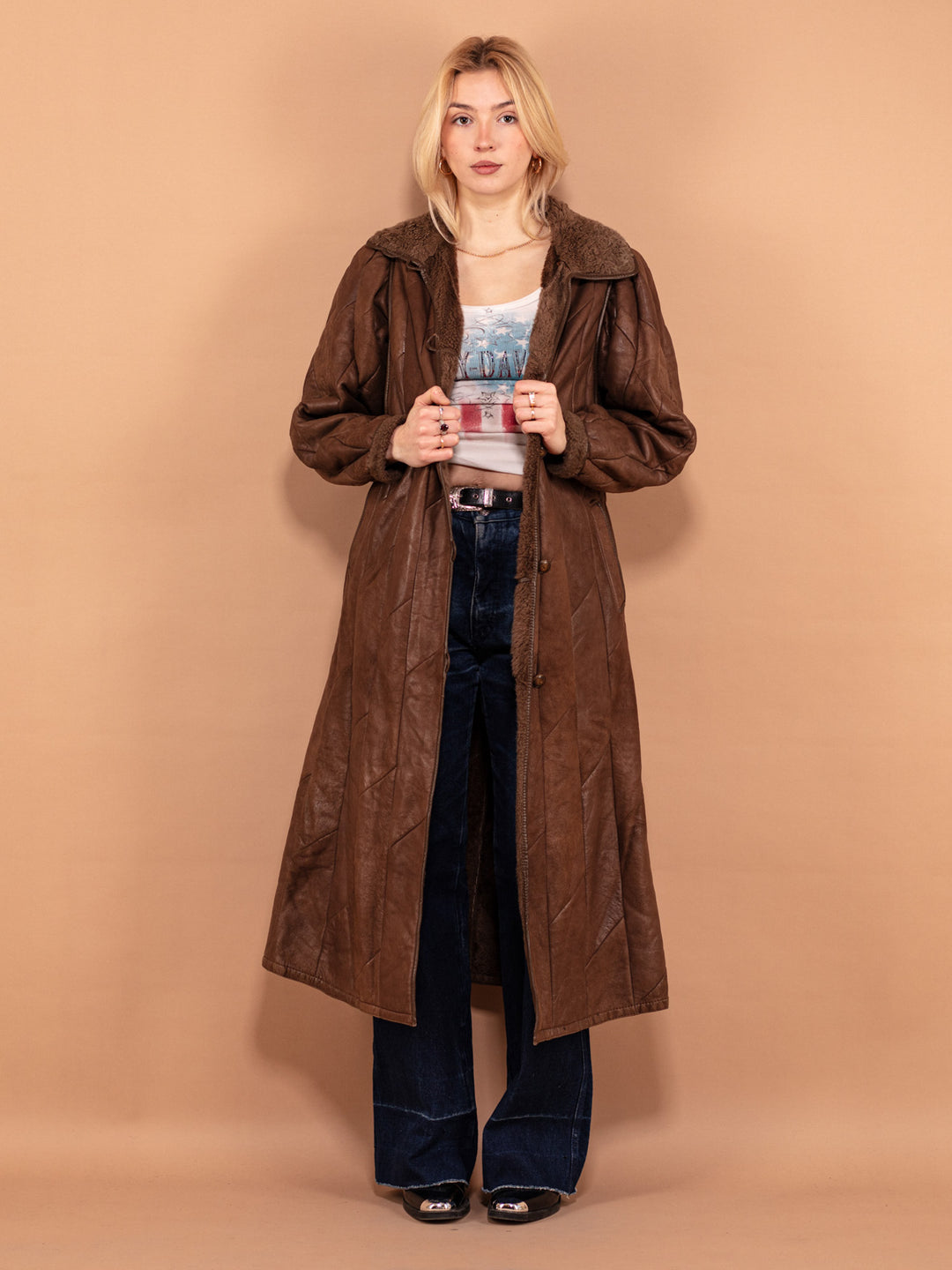 Vintage 80's Women Sheepskin Maxi Coat in Brown - NorthernGrip