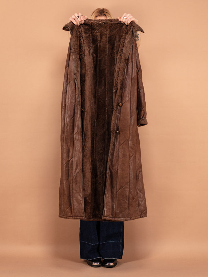Vintage 80's Women Sheepskin Maxi Coat in Brown - NorthernGrip