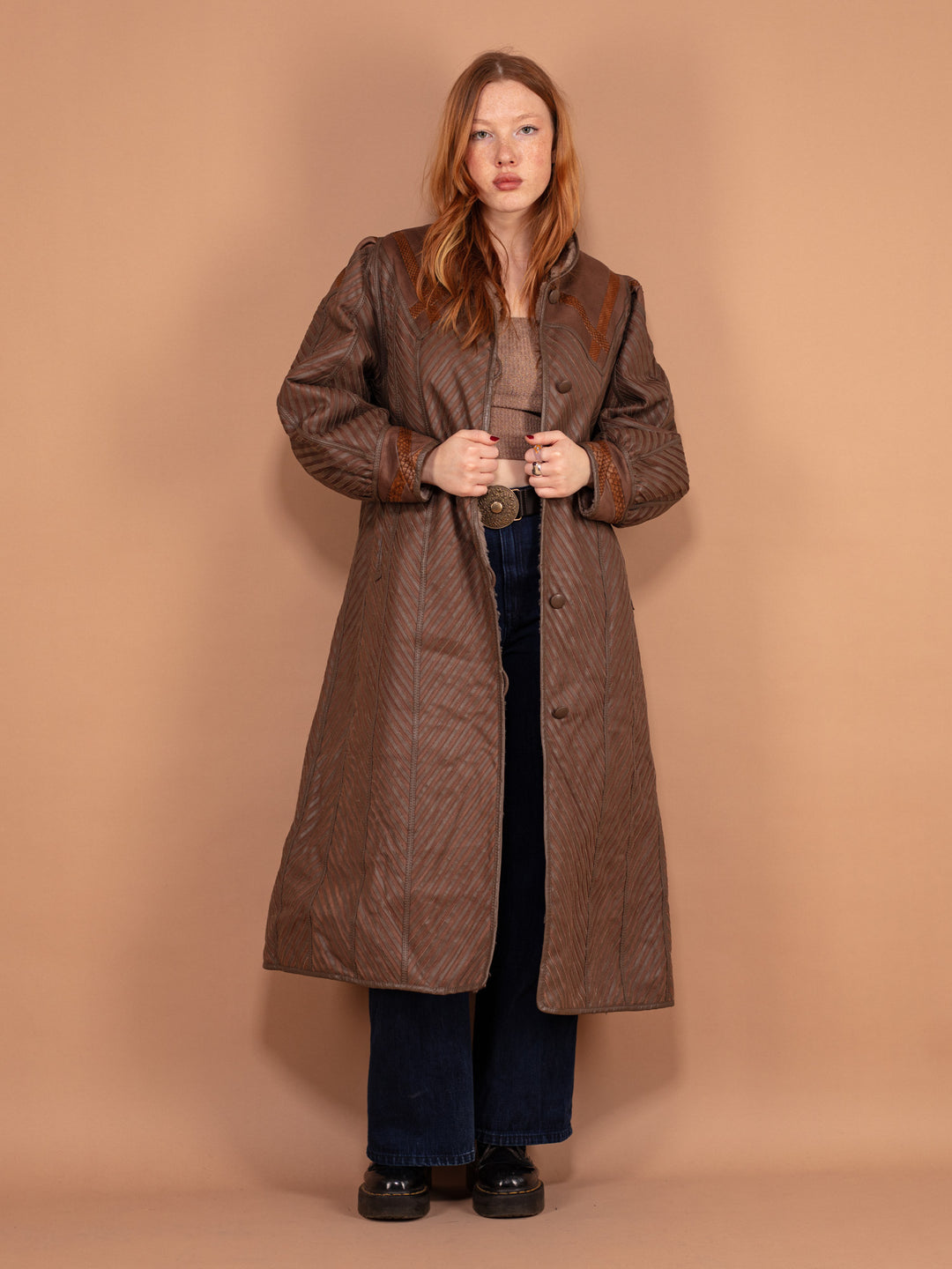Vintage 80's Women Sheepskin Maxi Coat in Brown - NorthernGrip