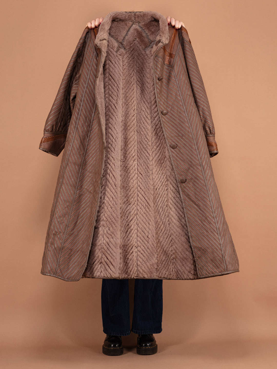 Vintage 80's Women Sheepskin Maxi Coat in Brown - NorthernGrip