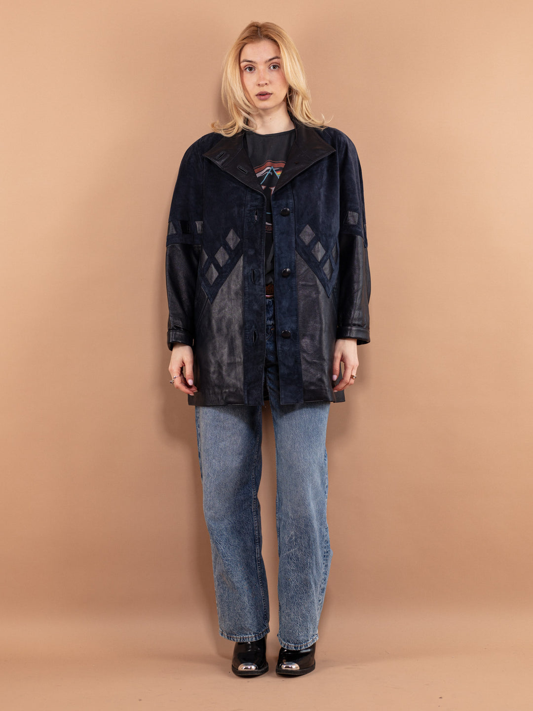 Vintage 80's Women Suede Leather Coat in Blue