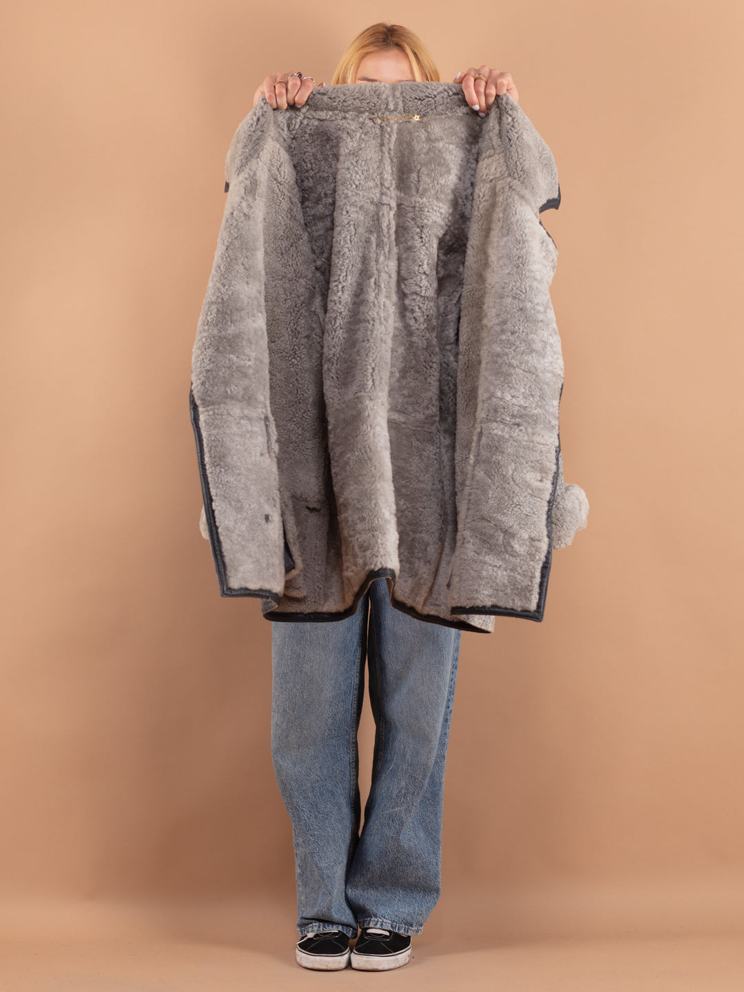 Vintage 70's Women Sheepskin Shearling Coat in Gray