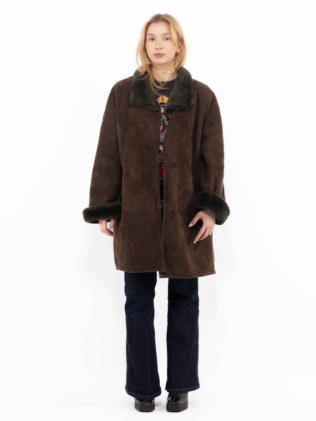 Vintage 90's Women Sheepskin Shearling Coat in BrownA1133