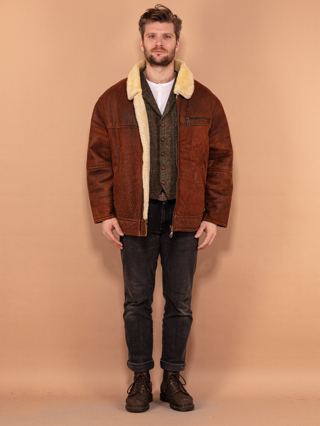 Vintage 90's Men Distressed Sheepskin Coat in Brown - NorthernGrip