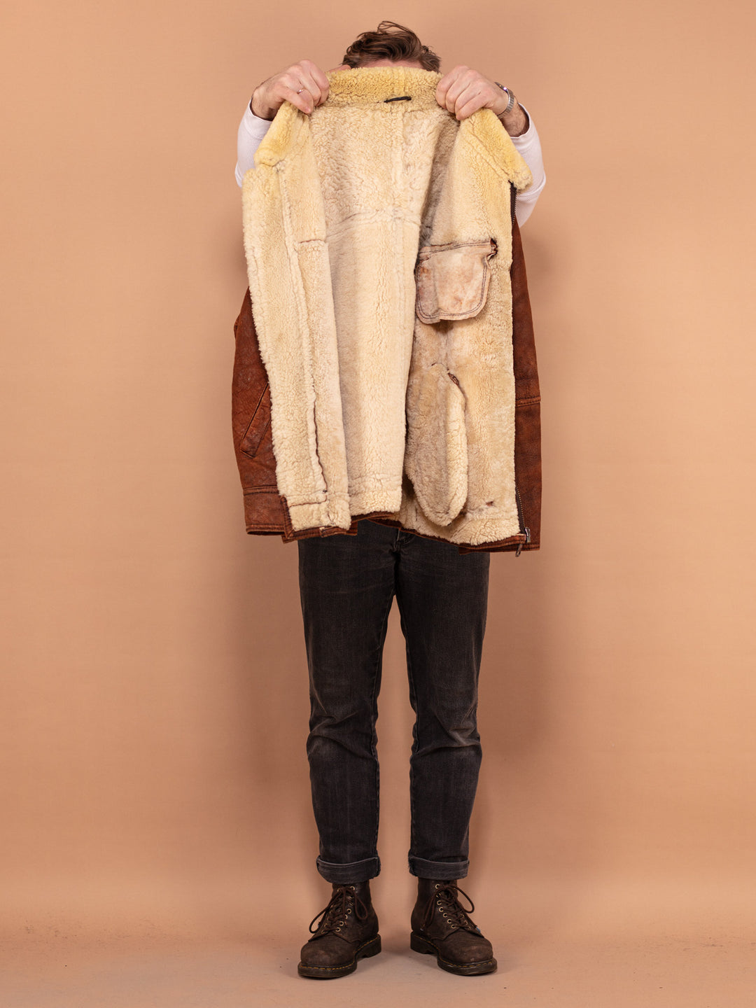 Vintage 90's Men Distressed Sheepskin Coat in Brown - NorthernGrip