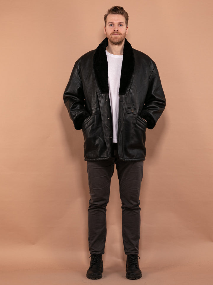 Vintage 90's Men Faux Leather Sherpa Coat in Black - NorthernGrip