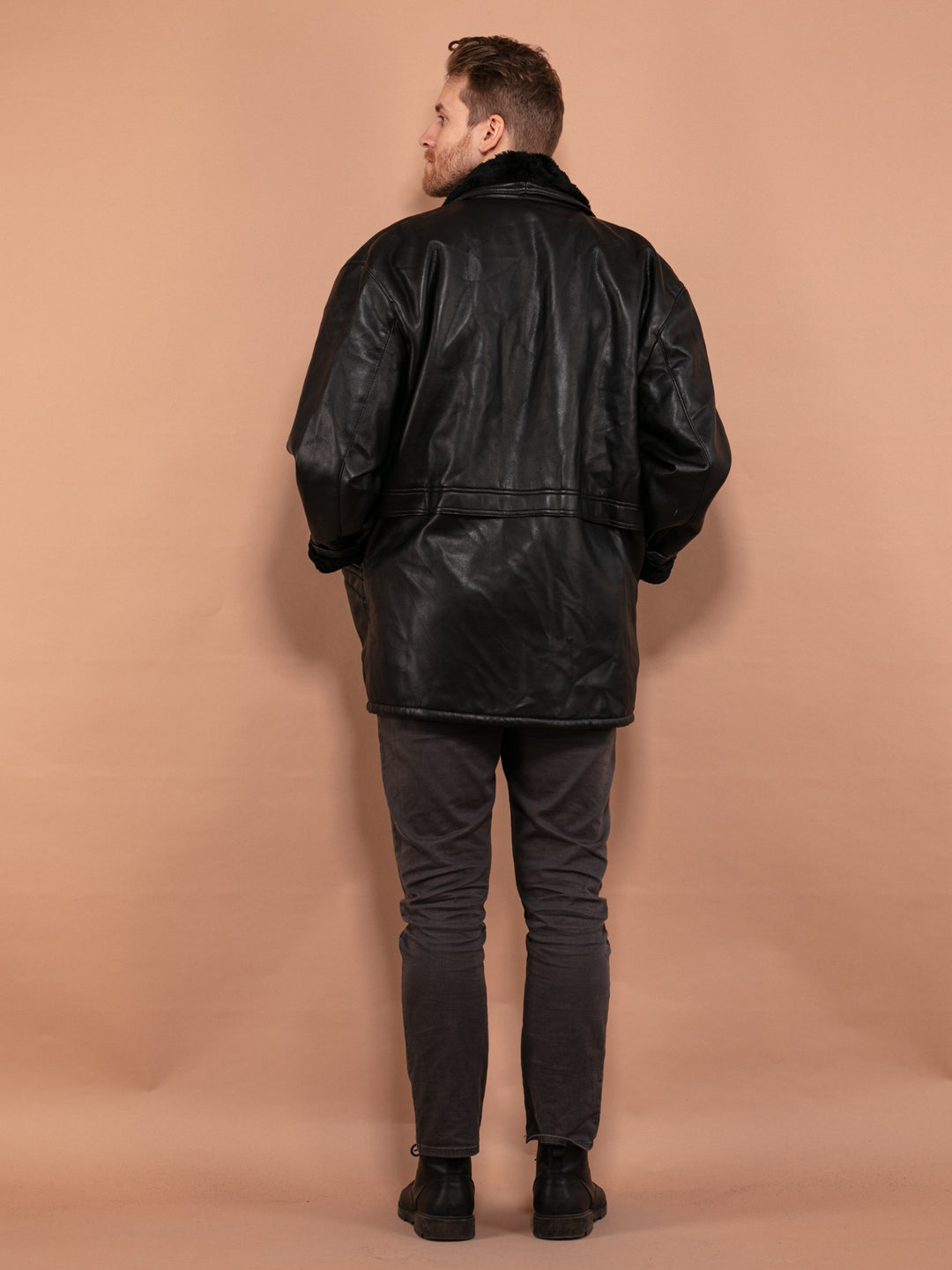 Vintage 90's Men Faux Leather Sherpa Coat in Black - NorthernGrip