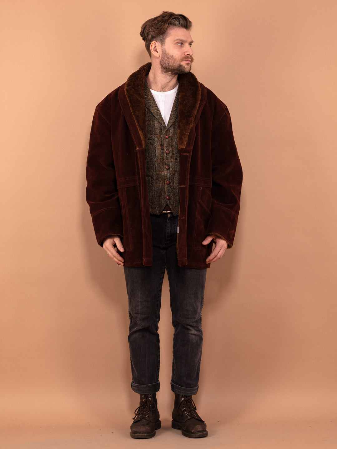 Vintage 90's Men Faux Shearling Coat in Brown - NorthernGrip