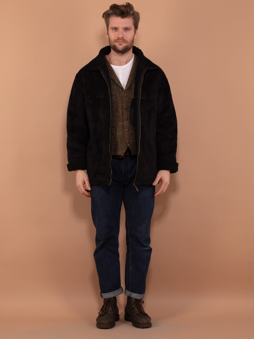 Vintage 90's Men Faux Shearling Jacket in Black - NorthernGrip