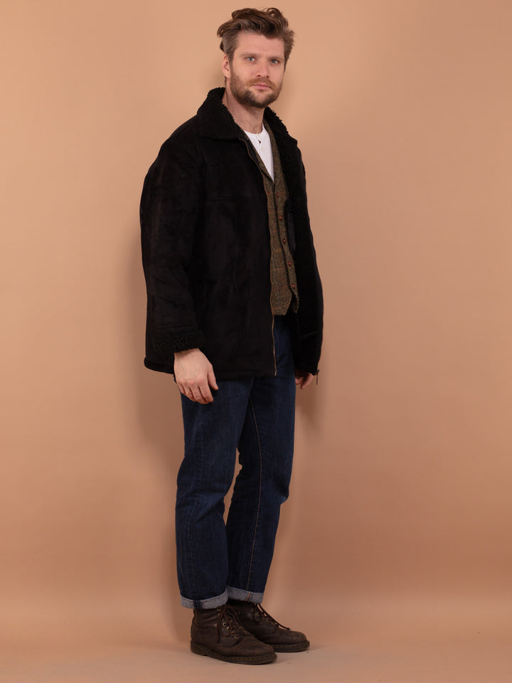 Vintage 90's Men Faux Shearling Jacket in Black - NorthernGrip