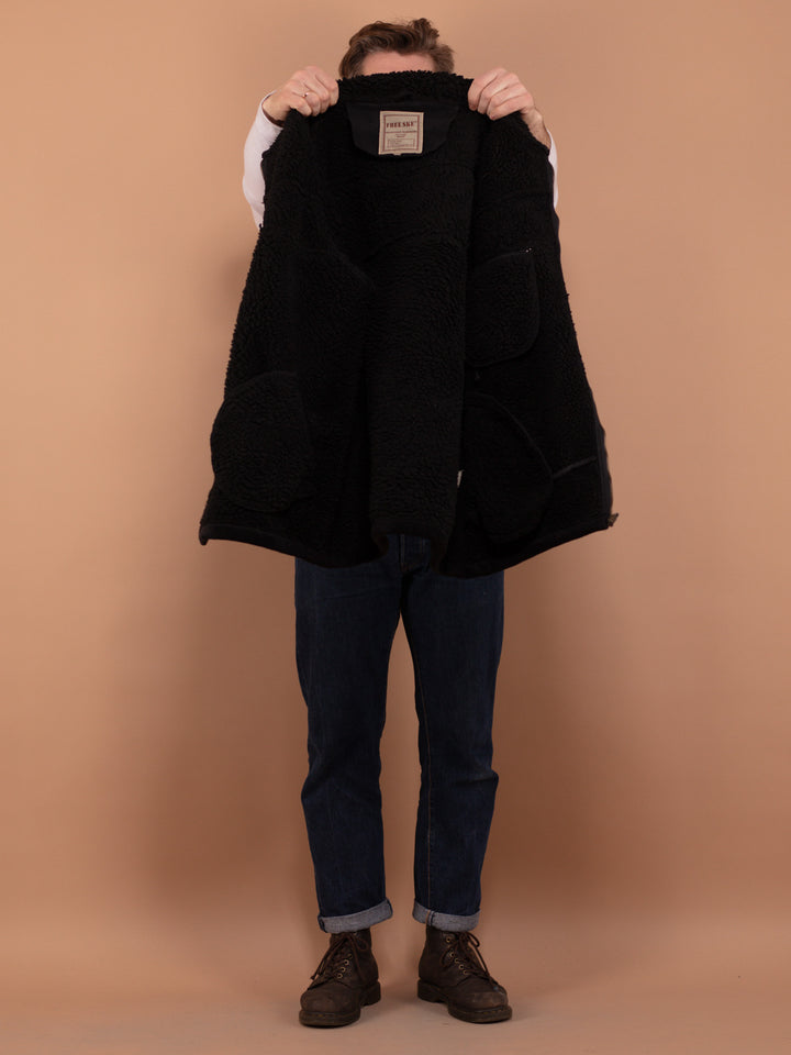 Vintage 90's Men Faux Shearling Jacket in Black - NorthernGrip