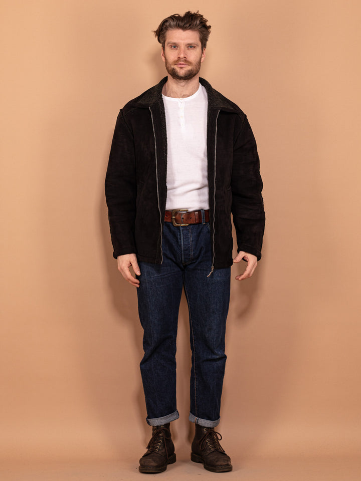 Vintage 90's Men Faux Shearling Jacket in Black - NorthernGrip