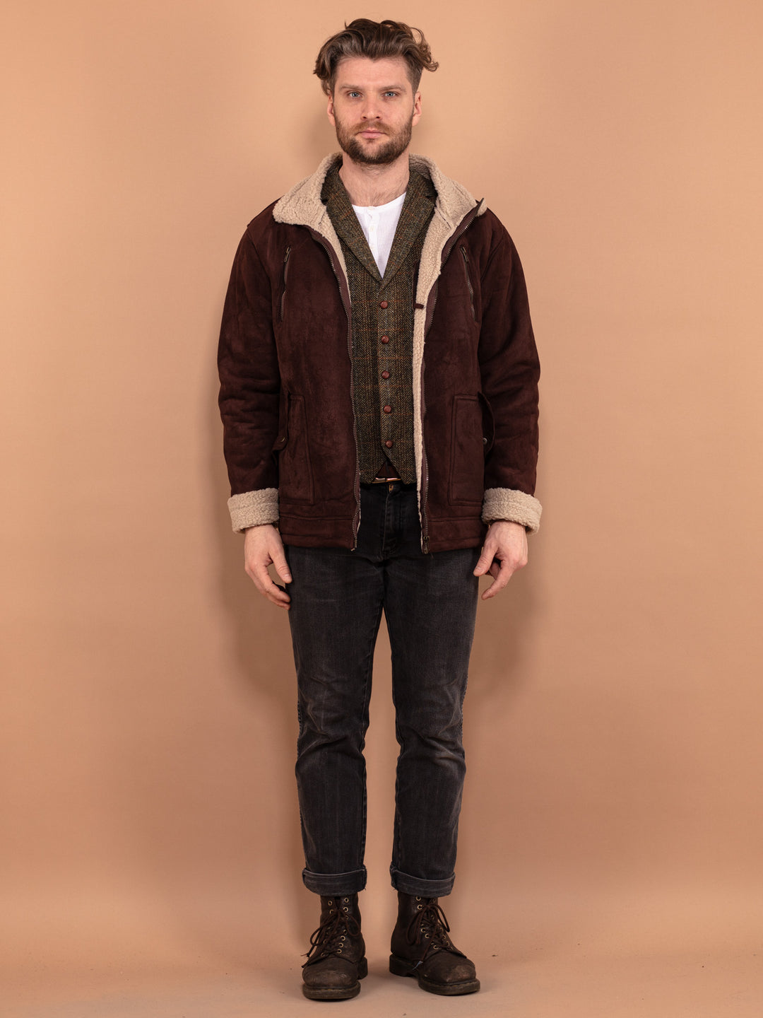 Vintage 90's Men Faux Sheepskin Bomber Jacket in Brown - NorthernGrip